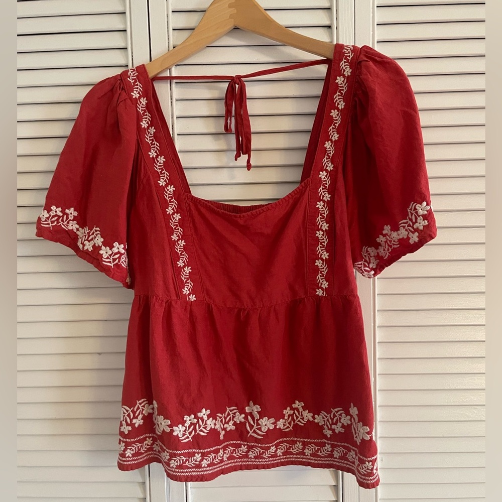 Old Navy Women’s Shirt Blouse Red & White Flutter Sleeve Smocked Size Large